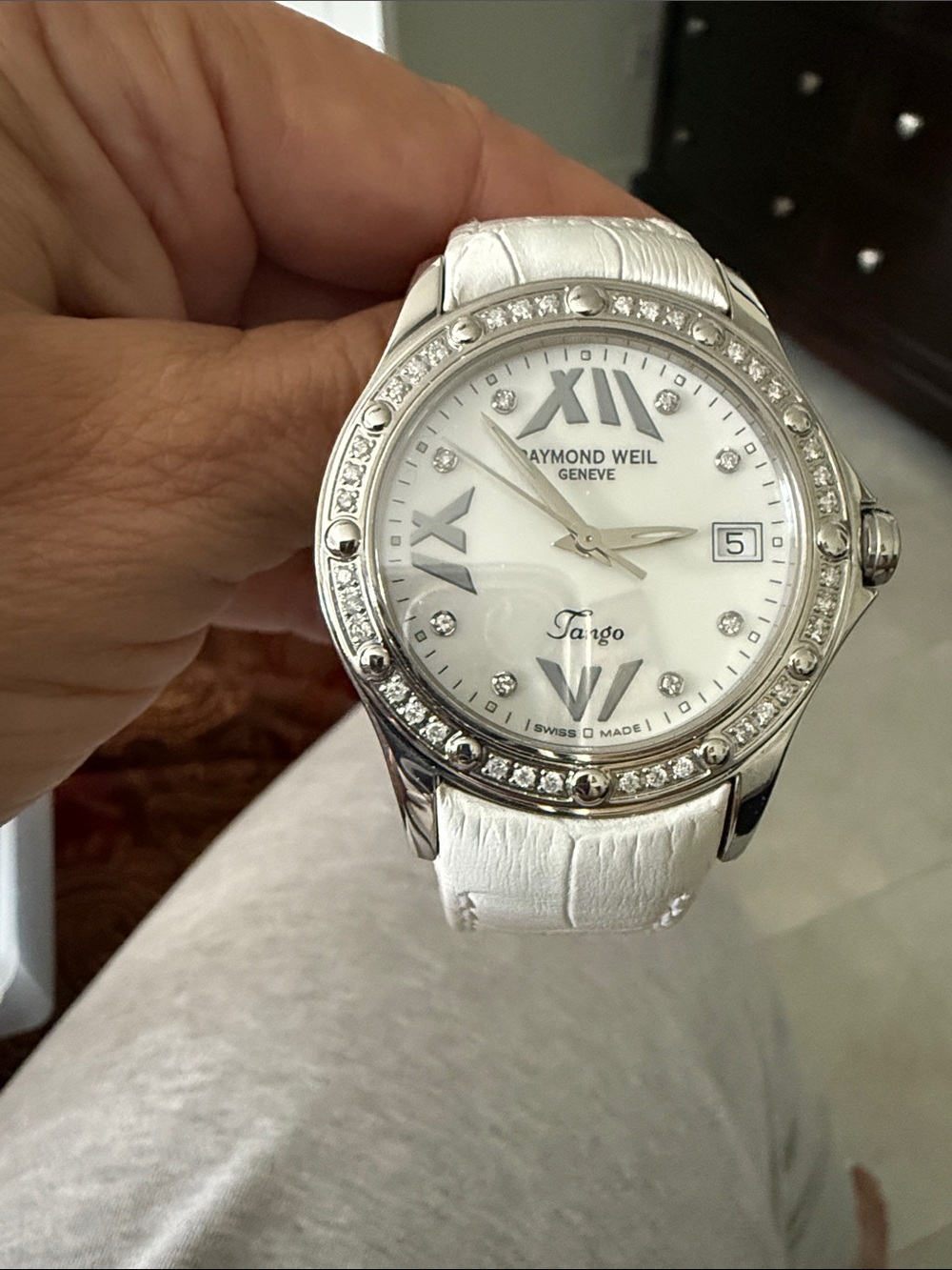 Raymond Weil  Diamond  Bezel Tango Watch with White Leather Strap
